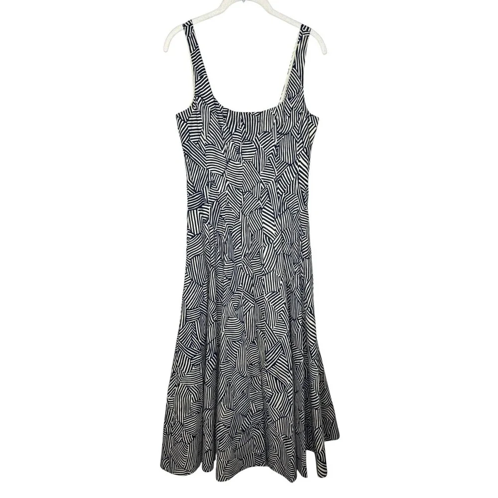 STAUD Wells Dress 6 Blue White Geometric Scoop Neck Fit Flare Midi Sundress - Picture 2 of 9